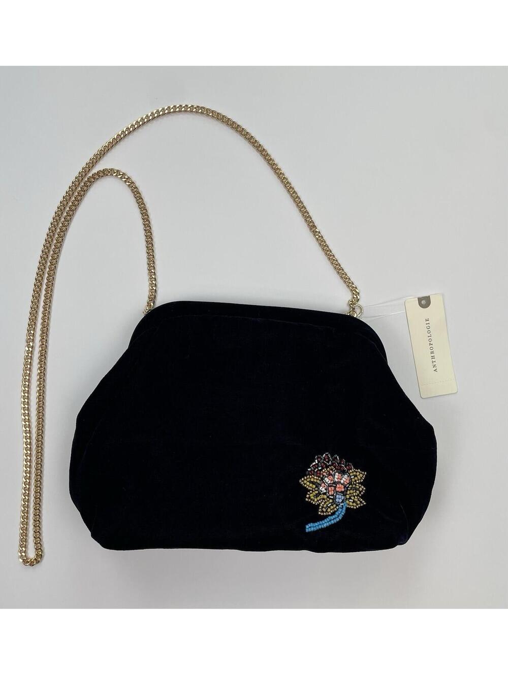 NWT Anthropologie Beaded Floral Velvet Clutch Shoulder Bag With Gold Chain Boho - Picture 2 of 9